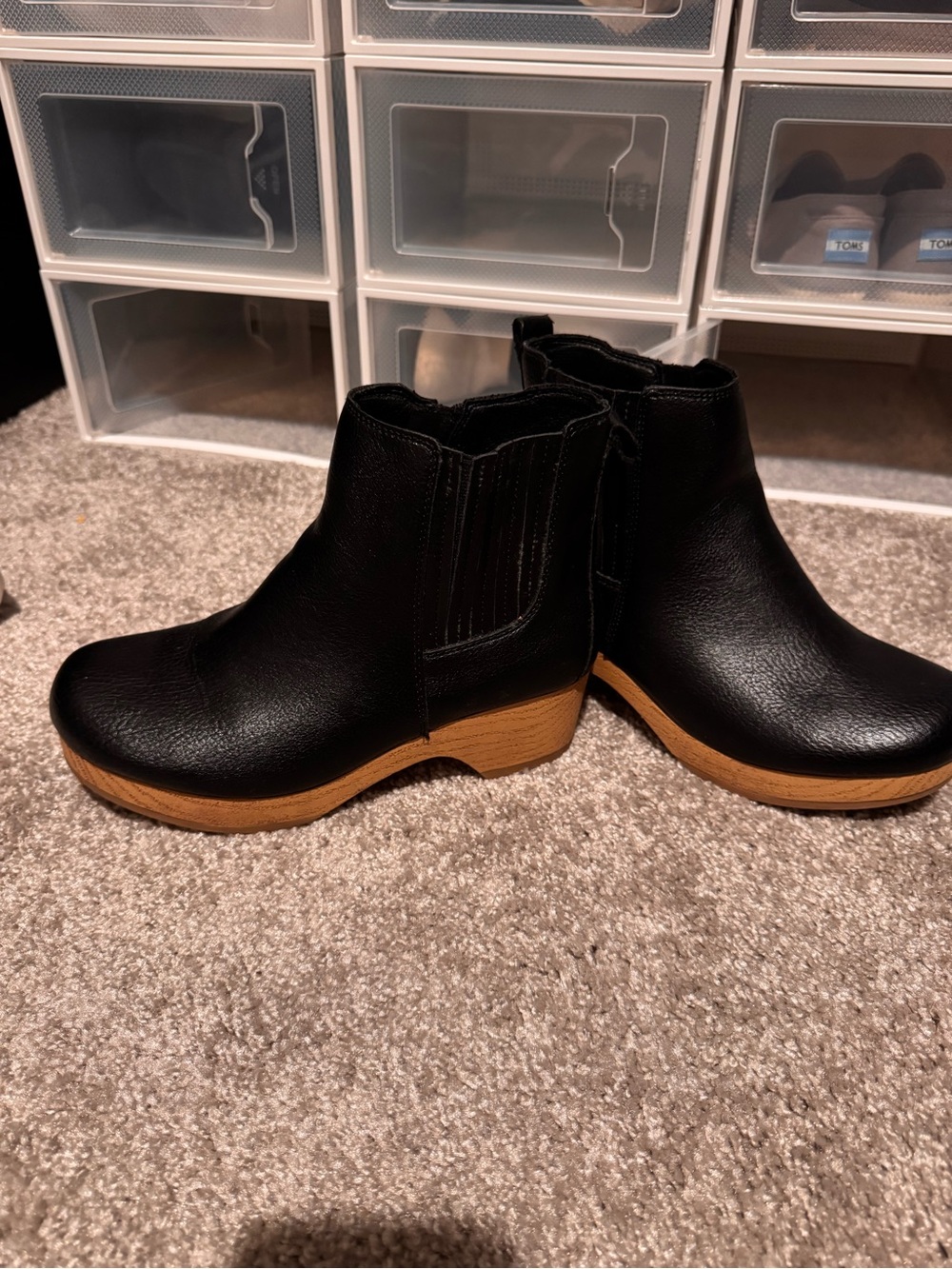 Women's Black Leather Clog Booties with Wood-Tone Sole